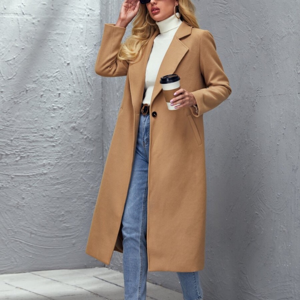 CAmel khaki wide collar coat jacket trench pockets - Picture 4 of 5